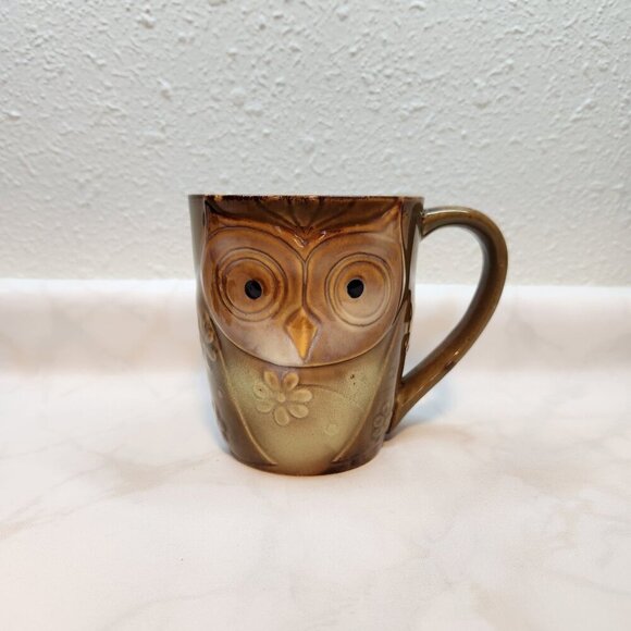 Gibson Home Glazed Ceramic Large Green/Brown Owl Coffee Cup Mug Collectible 12oz - Picture 1 of 5